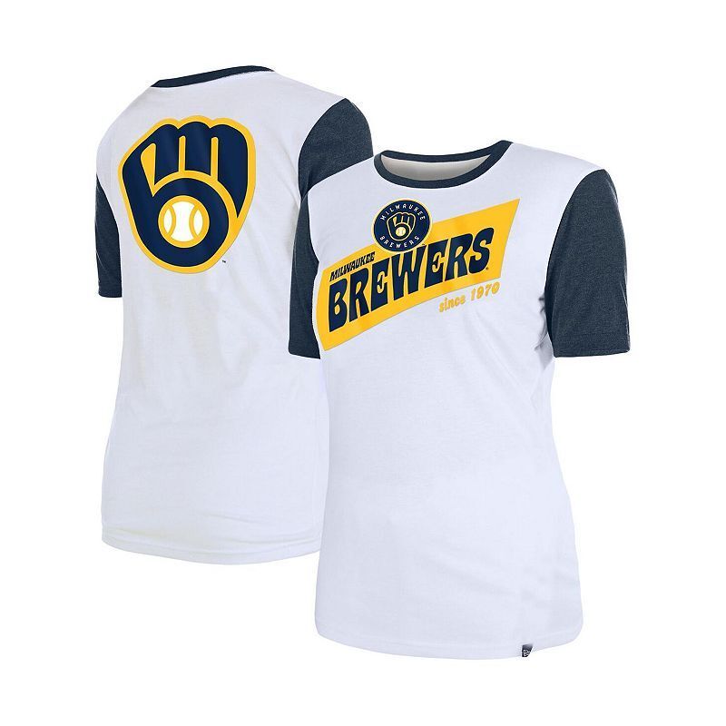 여성 화이트 티셔츠 Women's White Milwaukee Brewers Colorblock T-shirt 16048089 White