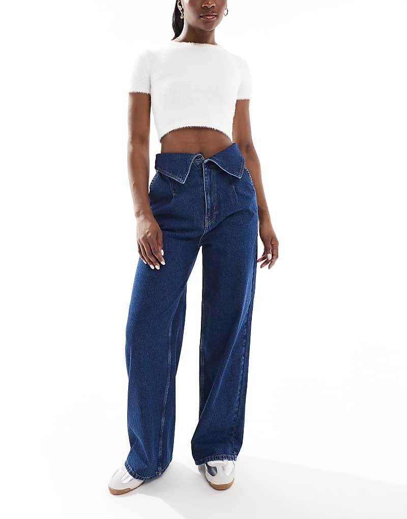 데님 Weit geschnittene Jeans mit umgeschlagenem Bund 208108859Dunkles Mittelblau