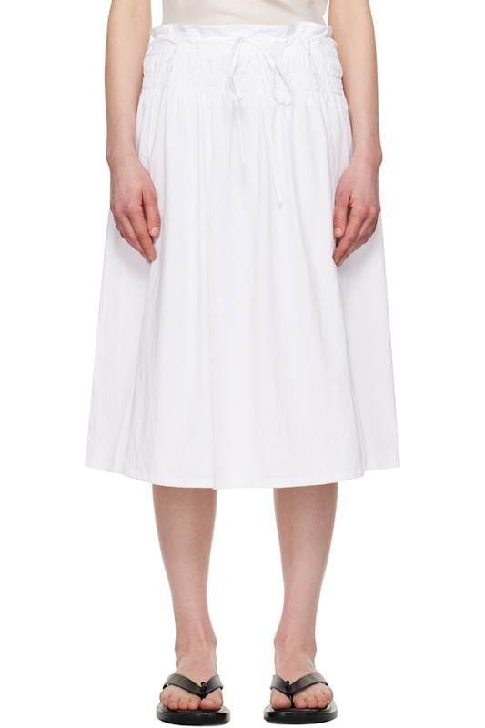 화이트 스모크드 드로우스트링 미디 스커트 White Smocked Drawstring Midi Skirt 17455071