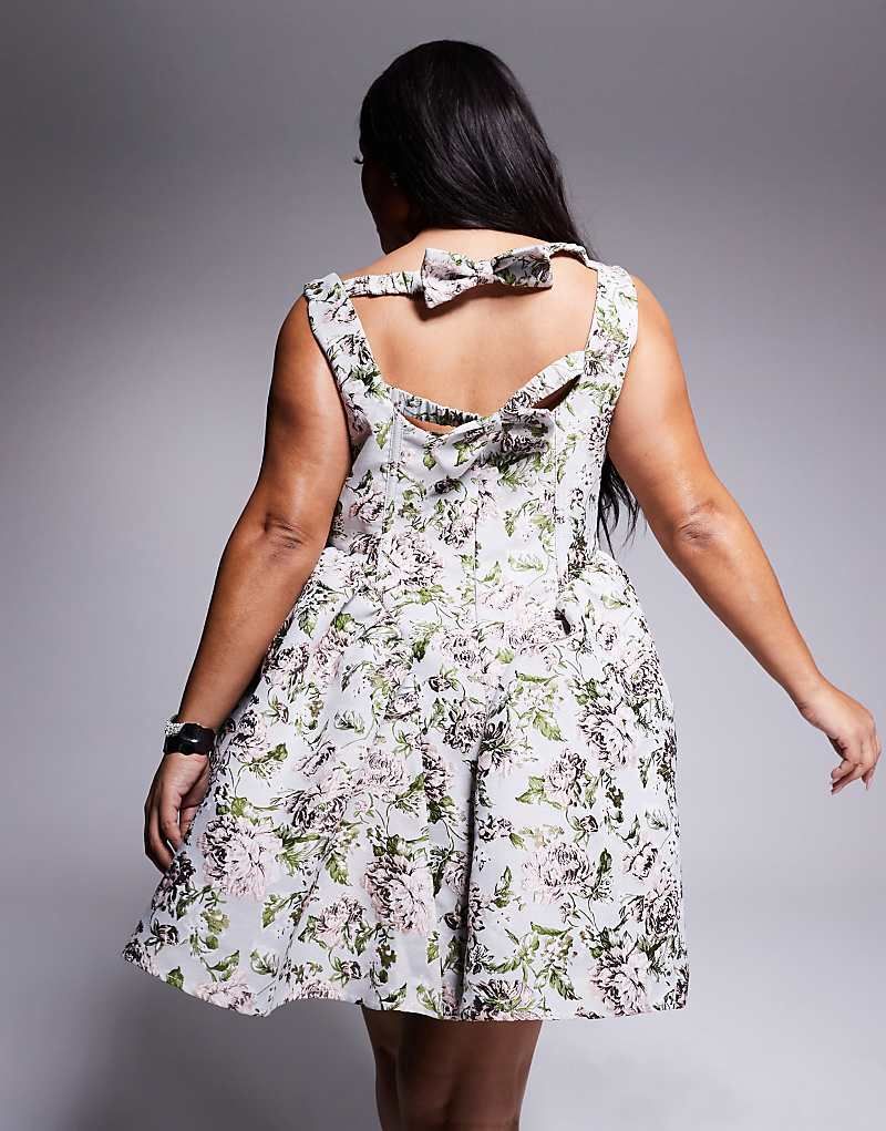 숏 자카드 & ASOS LUXE Curve   Kurzes Skater-Kleid aus Jacquard mit Vintage-Blumenmuster, betonter Taille und Ruckenschleifen 207370652BUNT