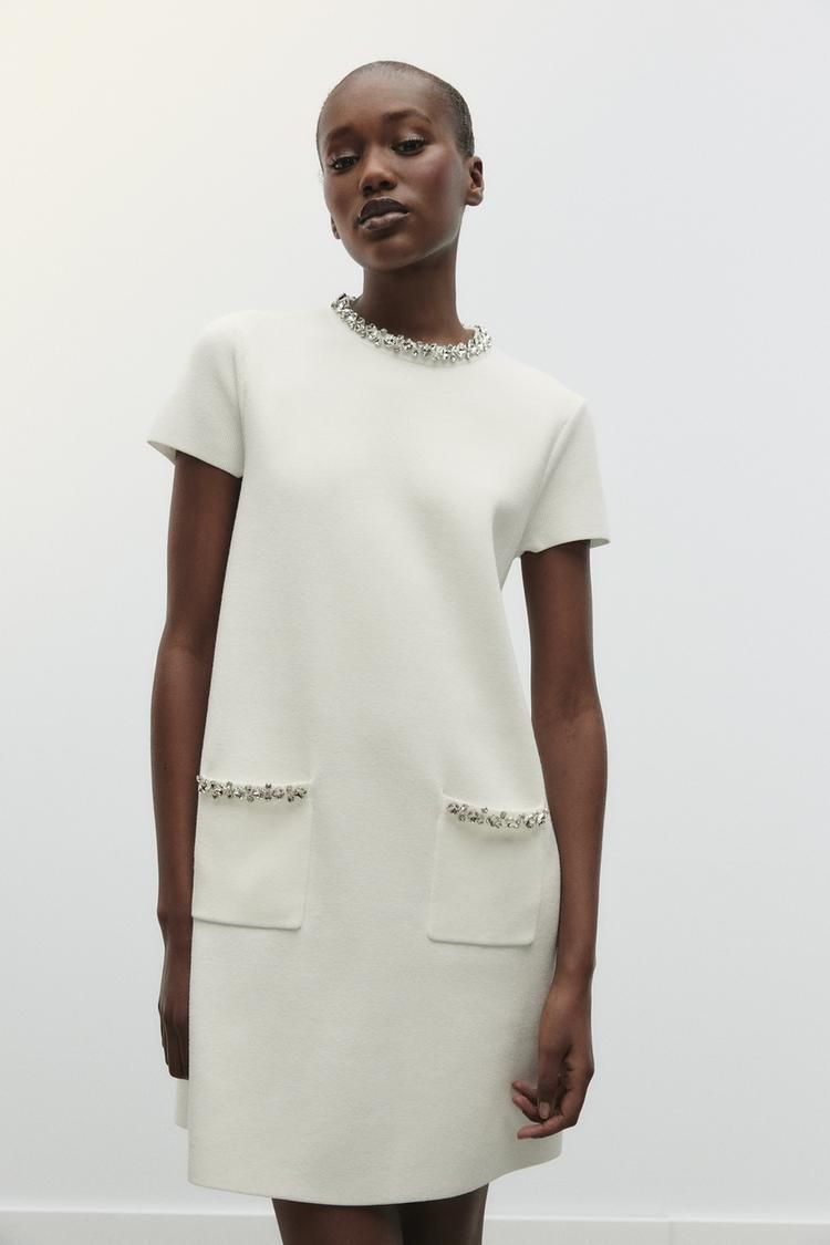 플레인 니트 미니 드레스 PLAIN KNIT MINI DRESS WITH RHINESTONES 427873287
