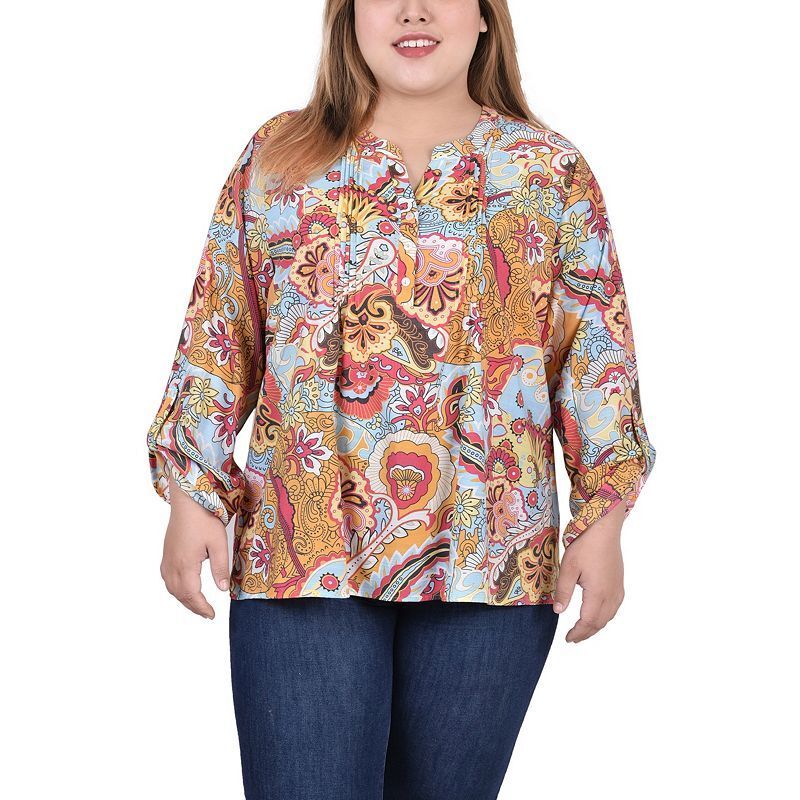 롱 슬리브 블라우스 Plus Size Long Roll Tab Sleeve Pintuck Front Blouse 16004870 Blue Orange Floral Paisley