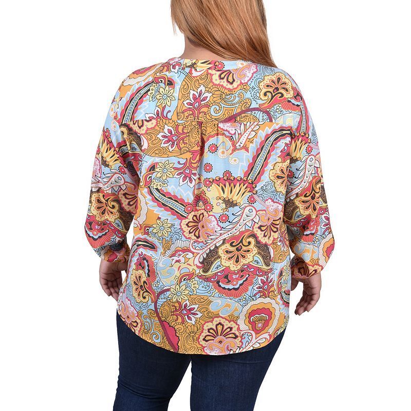 롱 슬리브 블라우스 Plus Size Long Roll Tab Sleeve Pintuck Front Blouse 16004870 Blue Orange Floral Paisley