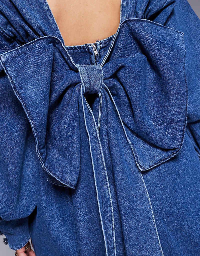 숏 블루 ASOS LUXE   Langarmliges, kurzes Babydoll-Jeanskleid in Blau mit Schleife am Rucken 207368665BLAU