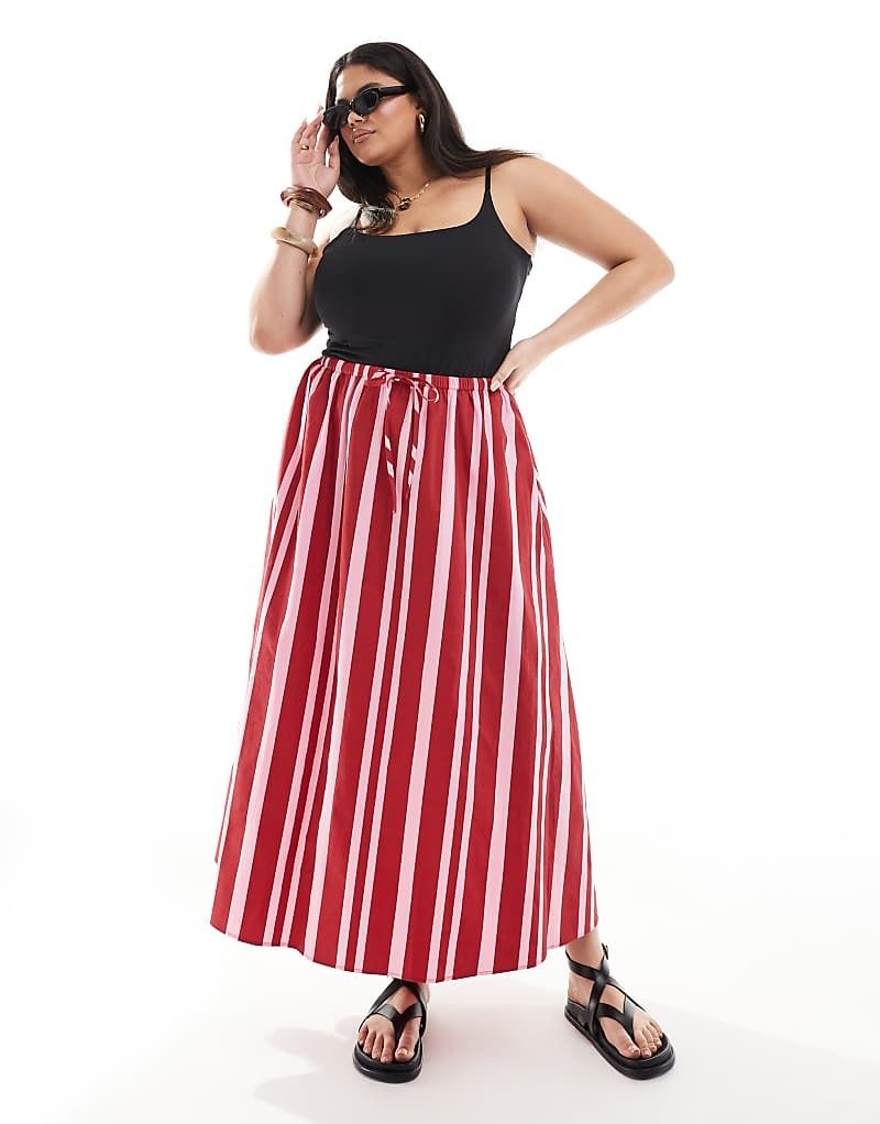 디자인 & 핑크 스트랩 ASOS DESIGN Curve   Midaxi-Rock mit A-Linien-Schnitt, Kordelzugbund und rosa Streifen 207640883Rosa gestreift