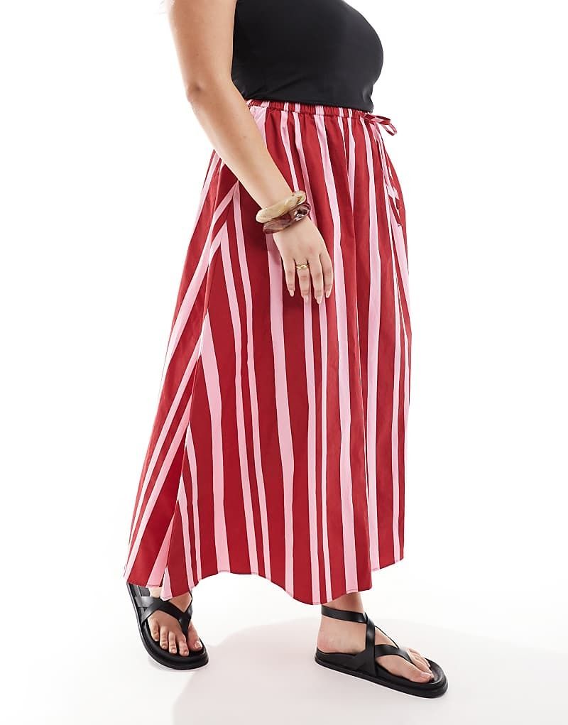 디자인 & 핑크 스트랩 ASOS DESIGN Curve   Midaxi-Rock mit A-Linien-Schnitt, Kordelzugbund und rosa Streifen 207640883Rosa gestreift