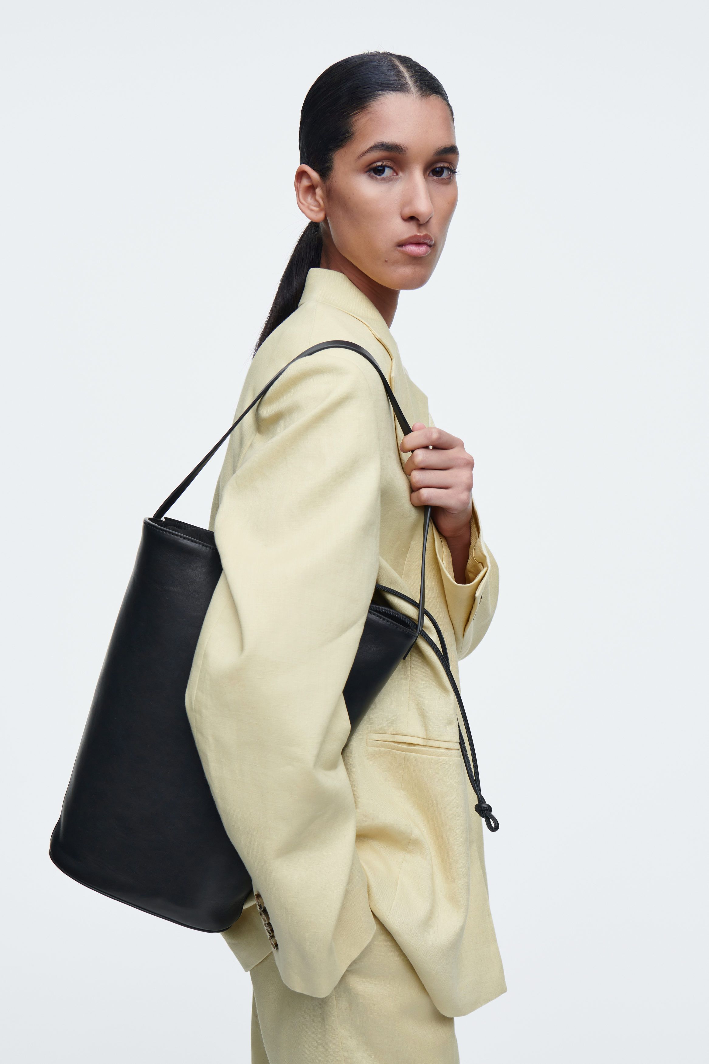 Black Leather Large Bucket Tote - Shoulder or Crossbody