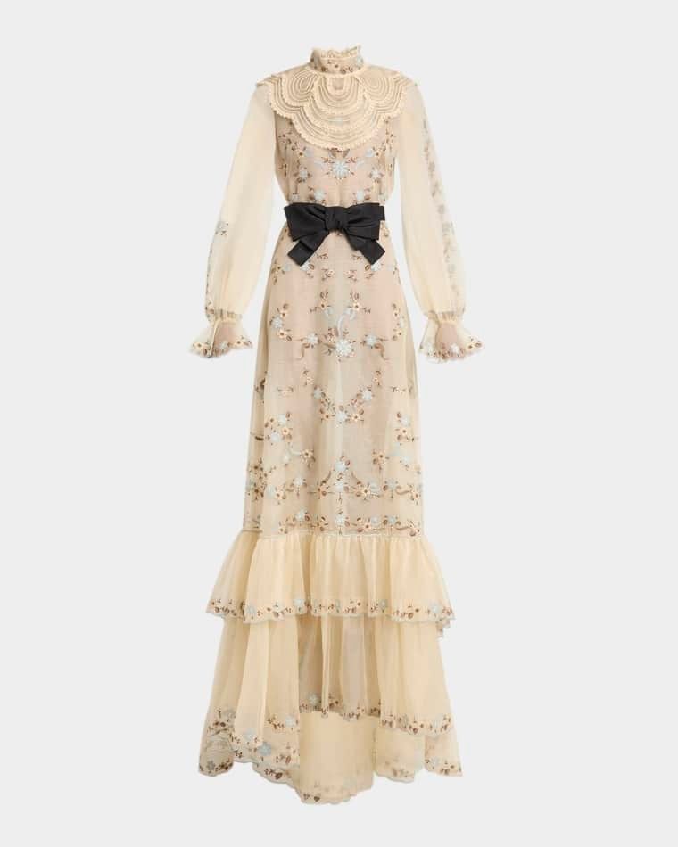 자수 롱슬리브 보우 스카프 트윌리 드레스 Ruffle Embroidered Bib Long-Sleeve Bow Gown prod278400029CREME MULTI