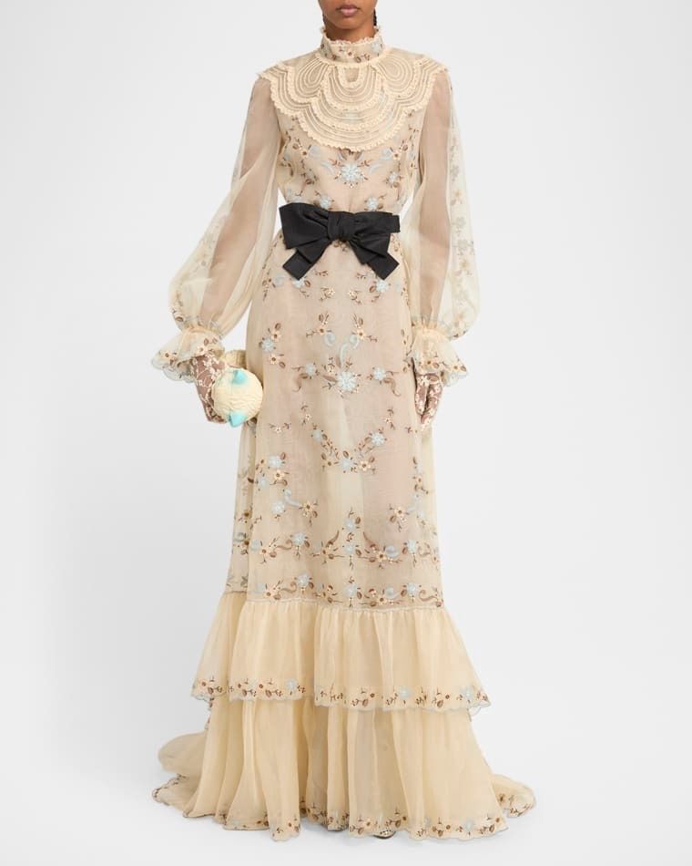 자수 롱슬리브 보우 스카프 트윌리 드레스 Ruffle Embroidered Bib Long-Sleeve Bow Gown prod278400029CREME MULTI