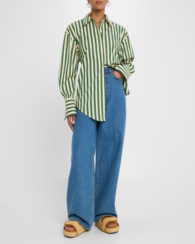 스트라이프 포플린 셔츠 Loch Cutout Tie-Back Striped Poplin Shirt prod271840348GUMMY GREEN ECRU