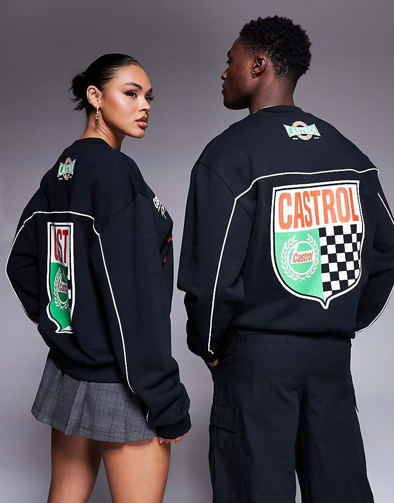 블랙 & Kastiges Unisex-Sweatshirt in Schwarz mit Oversize-Schnitt, Paspelierung und „Castrol Racing“-Prints 207783911SCHWARZ