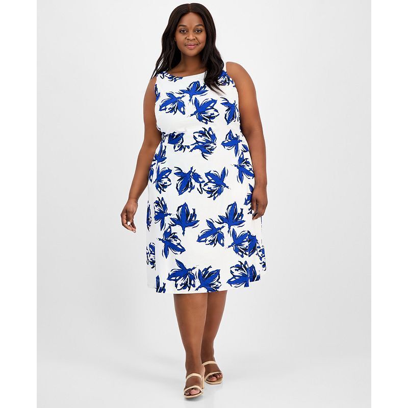 플로랄 프린트 핏 플레어 드레스 Plus Size Floral-Print Linen-Blend Fit & Flare Dress 20738620 Santorini Blue Multi