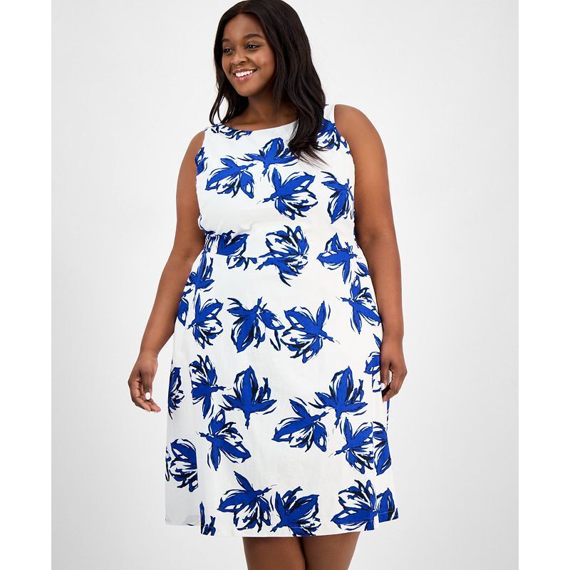 플로랄 프린트 핏 플레어 드레스 Plus Size Floral-Print Linen-Blend Fit & Flare Dress 20738620 Santorini Blue Multi