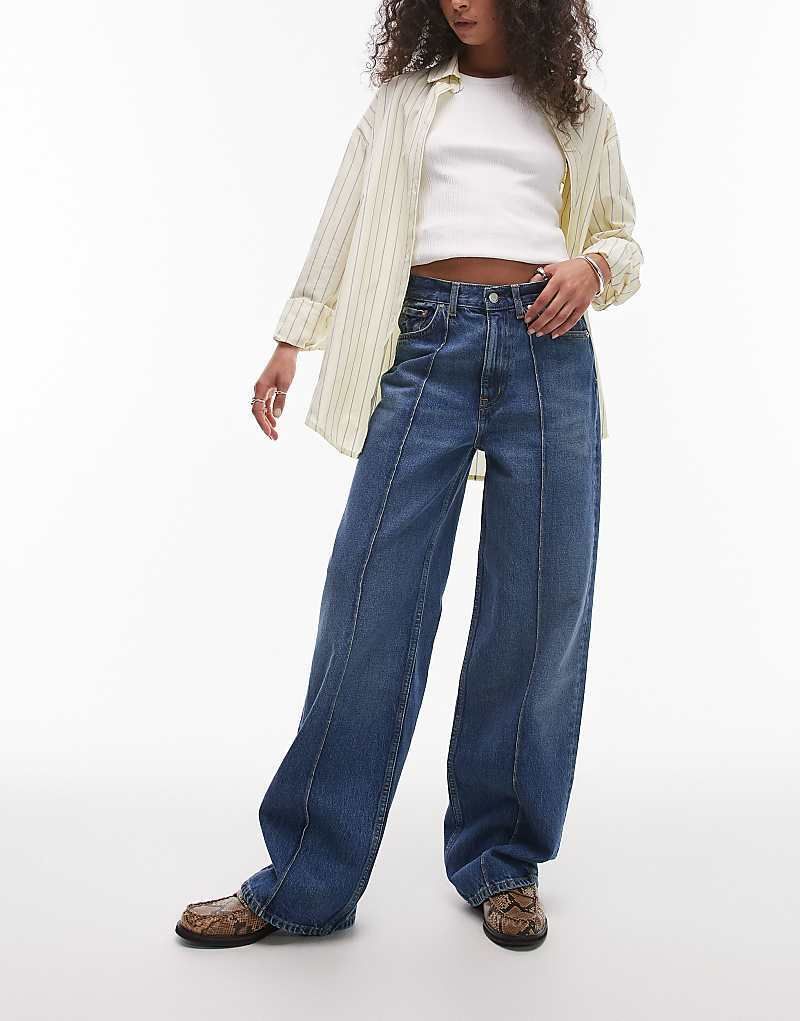 데님 & Coral   Jeans in verwaschenem Vintage-Mittelblau mit hohem Bund, lockerem Bein und Biesen 207810067mittelblaue Waschung