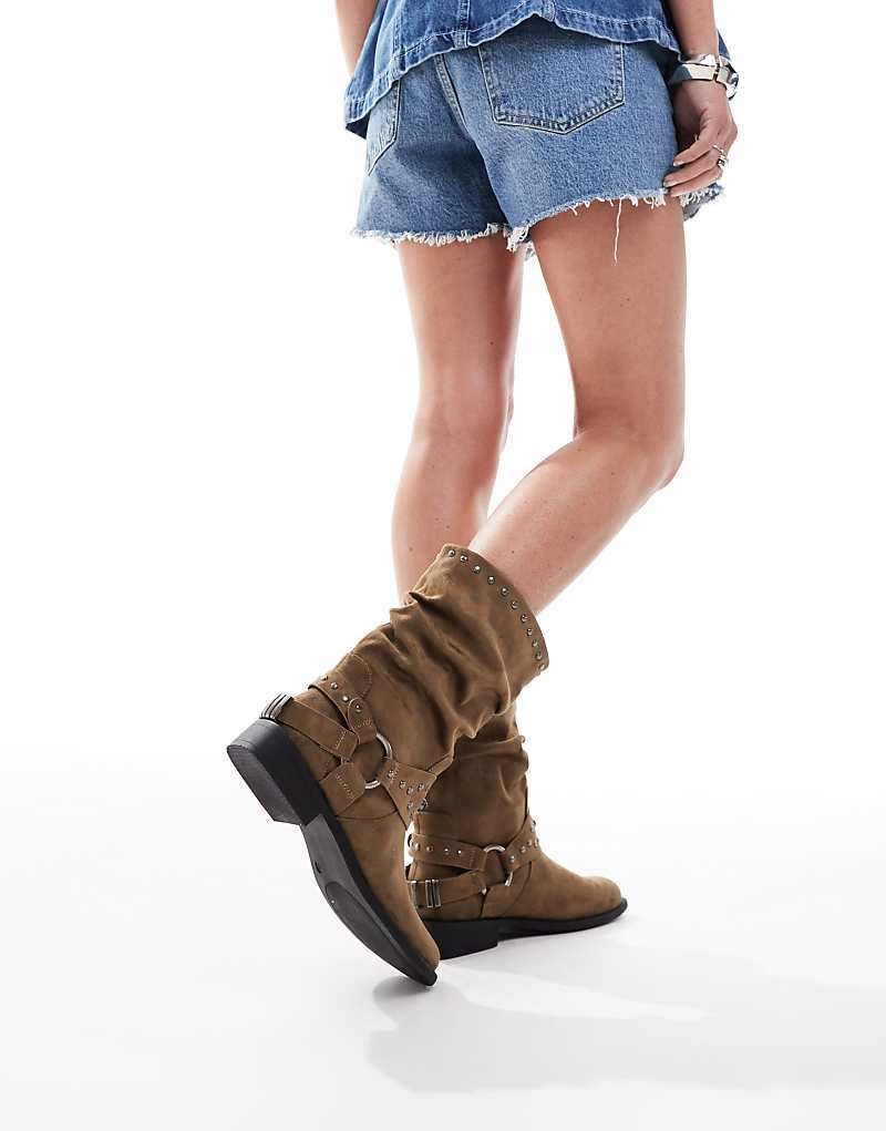 & Alara   Flache Biker-Stiefel in Taupe mit Metalldetails und lockerem Schaft 207925423Braungrau