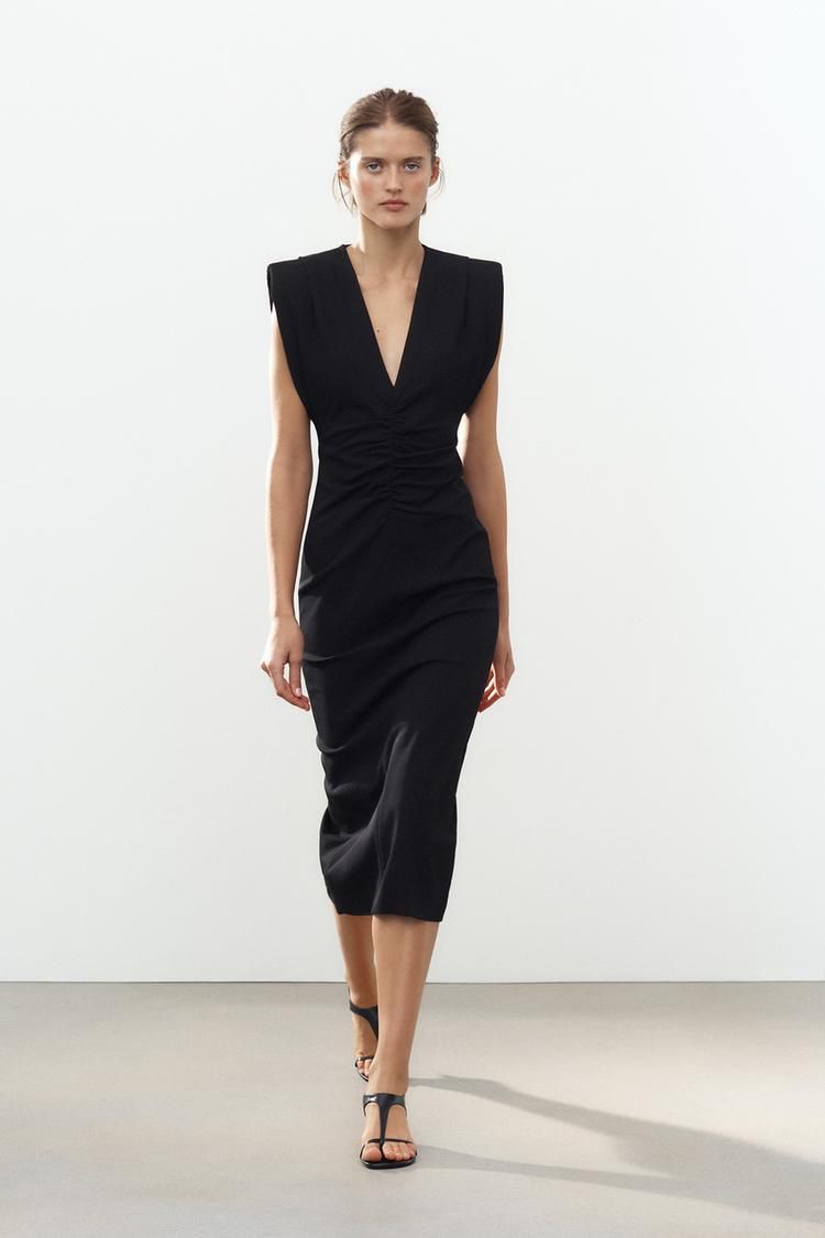 컬렉션 미디 드레스 패디드 ZW COLLECTION MIDI DRESS WITH PADDED SHOULDERS 439653456
