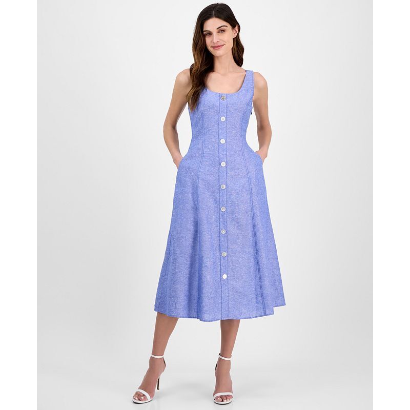 여성 린넨 블렌드 민소매 에이라인 드레스 Women's Linen Blend Sleeveless Button-Front A-Line Dress 20747296 Santorini Blue/white