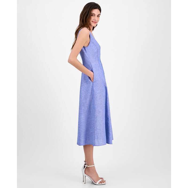 여성 린넨 블렌드 민소매 에이라인 드레스 Women's Linen Blend Sleeveless Button-Front A-Line Dress 20747296 Santorini Blue/white