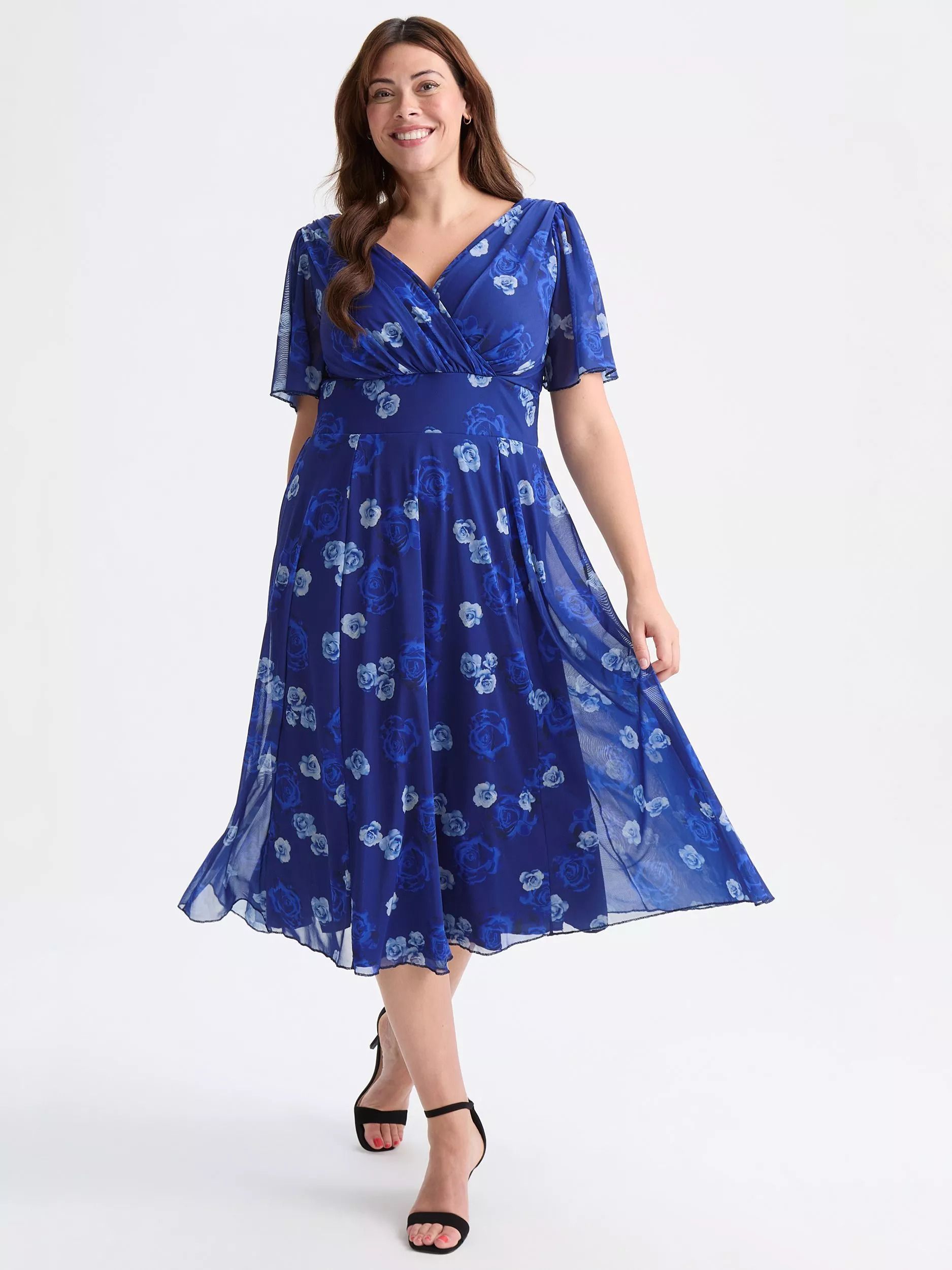 빅토리아 로즈 프린트 슬리브 미디 드레스 Victoria Rose Print Angel Sleeve Midi Dress, Blue/Multi 113140913