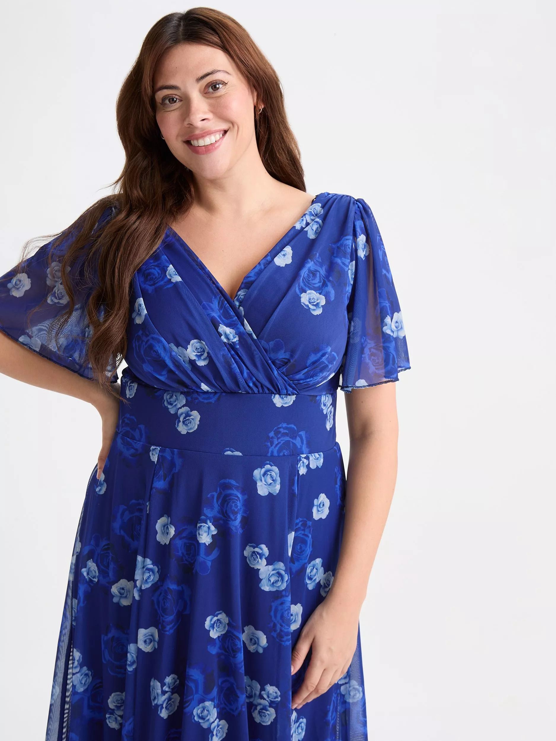 빅토리아 로즈 프린트 슬리브 미디 드레스 Victoria Rose Print Angel Sleeve Midi Dress, Blue/Multi 113140913