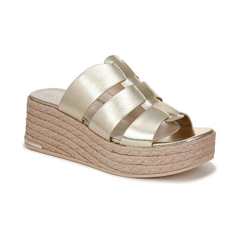 여성 오픈 스퀘어 에스파드류 슬리퍼 플랫폼 샌들 Women's Tevin Open Square Toe Espadrille Slide Platform Sandals 21691160 Gold Faux Leather