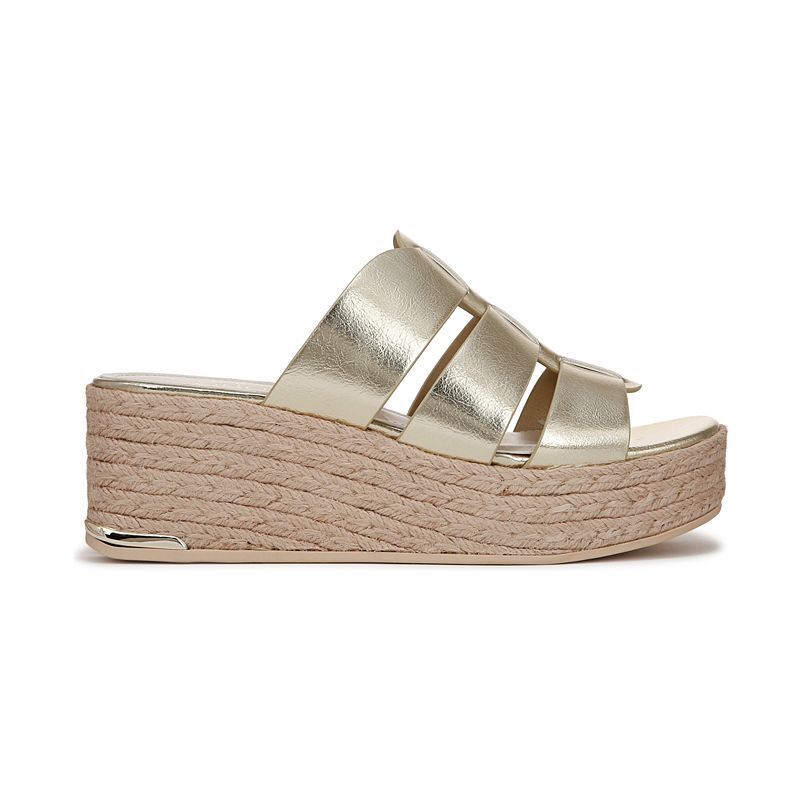 여성 오픈 스퀘어 에스파드류 슬리퍼 플랫폼 샌들 Women's Tevin Open Square Toe Espadrille Slide Platform Sandals 21691160 Gold Faux Leather