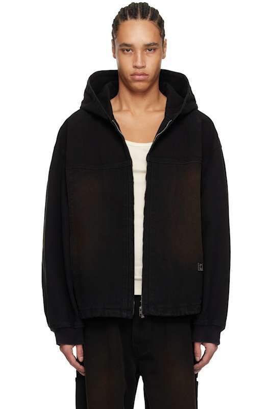 블랙 후드 집업 데님 자켓 Black Hooded Zip-Up Denim Jacket 17347991