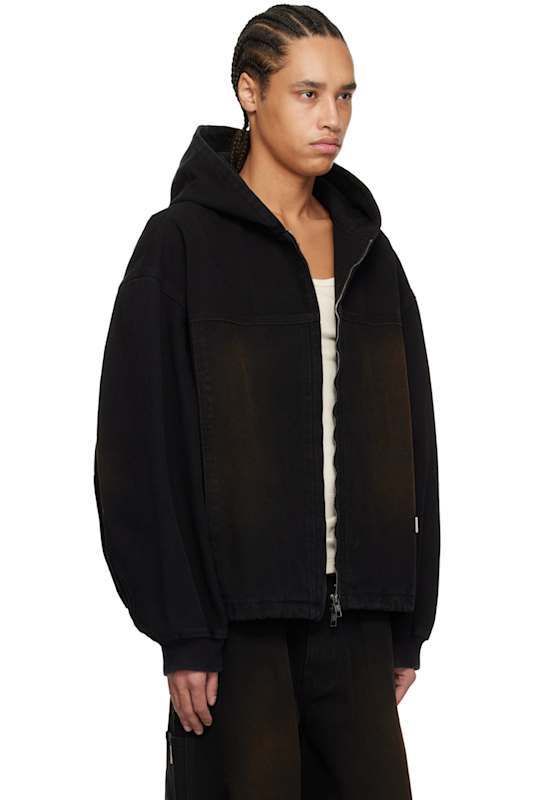 블랙 후드 집업 데님 자켓 Black Hooded Zip-Up Denim Jacket 17347991