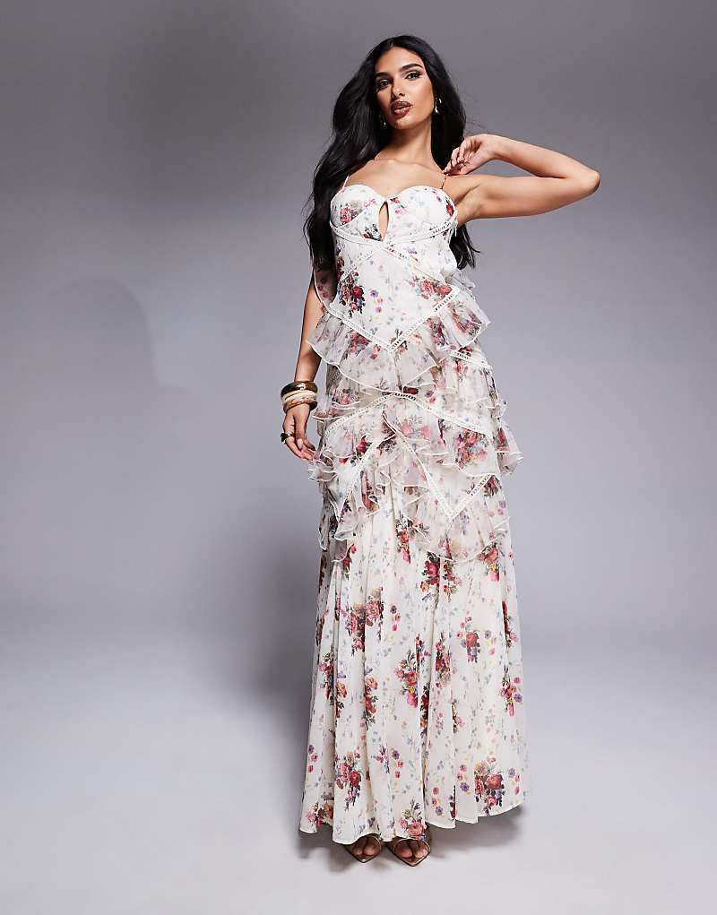 러플 & ASOS LUXE   Maxikleid mit Blumenmuster, Ruschen und Besatz 207633894Creme