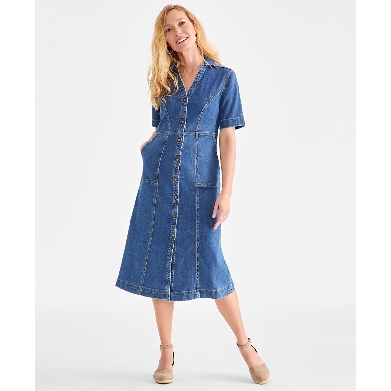 여성 반팔 데님 Women's Short-Sleeve Denim Shirtdress, Exclusively at Macy's 20008006 Medium Light