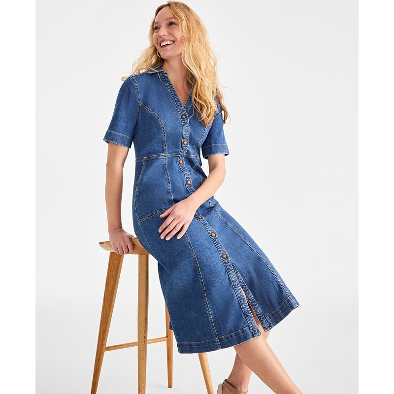 여성 반팔 데님 Women's Short-Sleeve Denim Shirtdress, Exclusively at Macy's 20008006 Medium Light