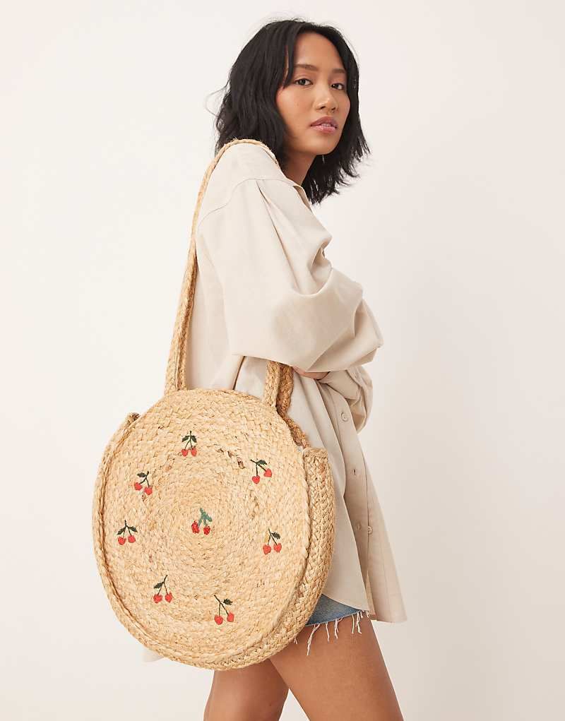 베이지 Runde Jute-Schultertasche in Beige mit Kirschmuster 207409119Beige