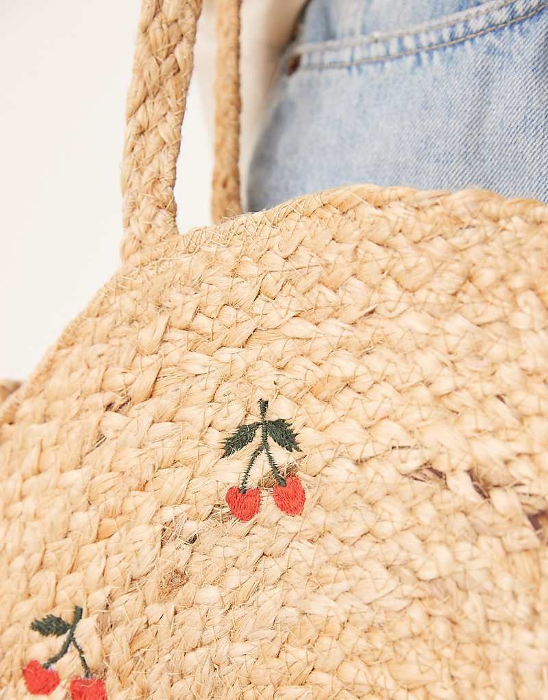 베이지 Runde Jute-Schultertasche in Beige mit Kirschmuster 207409119Beige