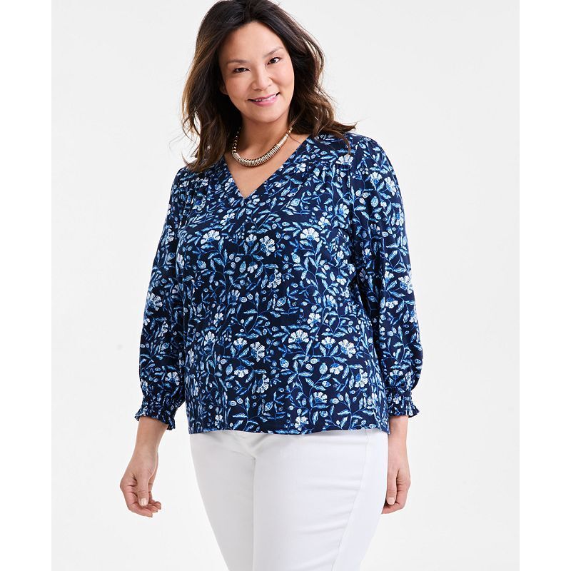 여성 프린팅 브이넥 롱슬리브 탑 Women's Printed V-Neck Long-Sleeve Top, Exclusively at Macy's 19758648 Navy Floral