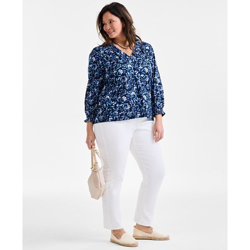 여성 프린팅 브이넥 롱슬리브 탑 Women's Printed V-Neck Long-Sleeve Top, Exclusively at Macy's 19758648 Navy Floral