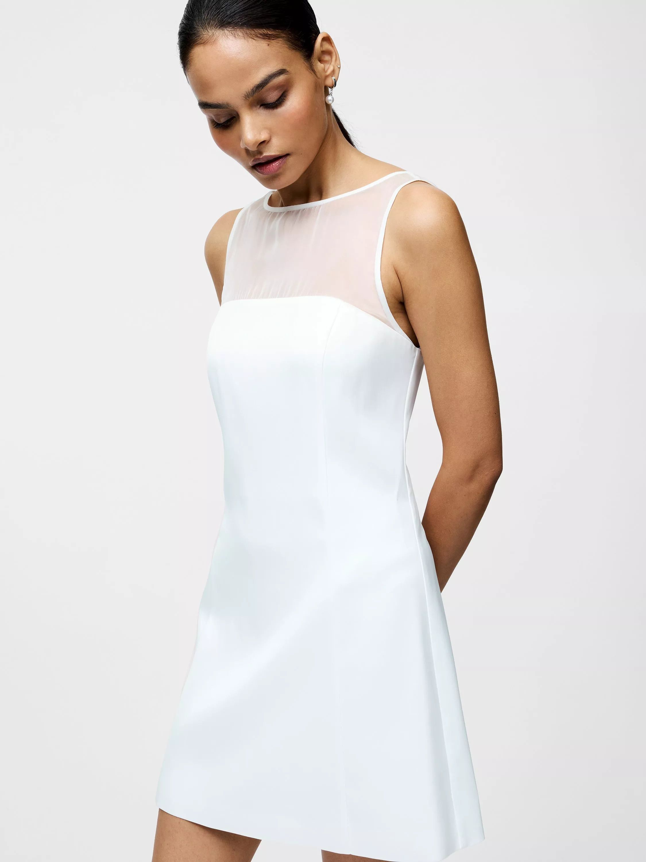 새틴 넥 쉬폰 미니 드레스 썸머 화이트 Carey Satin Slash Neck Chiffon Mini Dress, Summer White 113272347