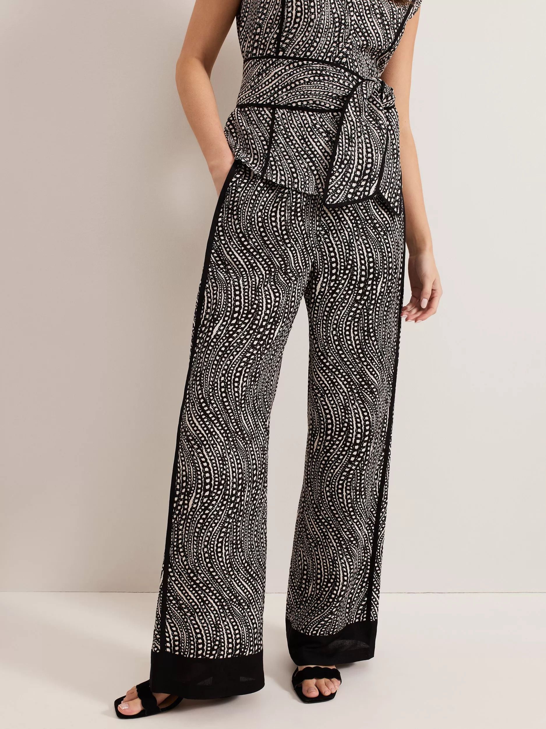 쁘띠 체인 프린트 린넨 리치 바지 Petite Mariana Chain Print Linen Rich Trousers, Black/Ivory 113282065