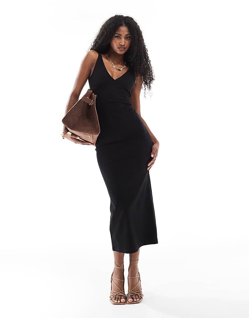 블랙 Formendes Midaxi-Kleid in Schwarz mit tiefem Ausschnitt 208313781SCHWARZ