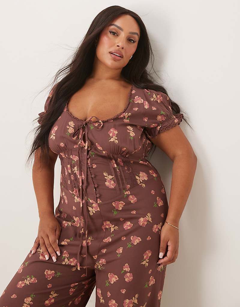 디자인 점프수트 레이스 & ASOS DESIGN Curve   Jumpsuit in Malve mit Blumenmuster, gesponnener Spitze und Korsetttaille 206722415Blumenmuster in Mauve