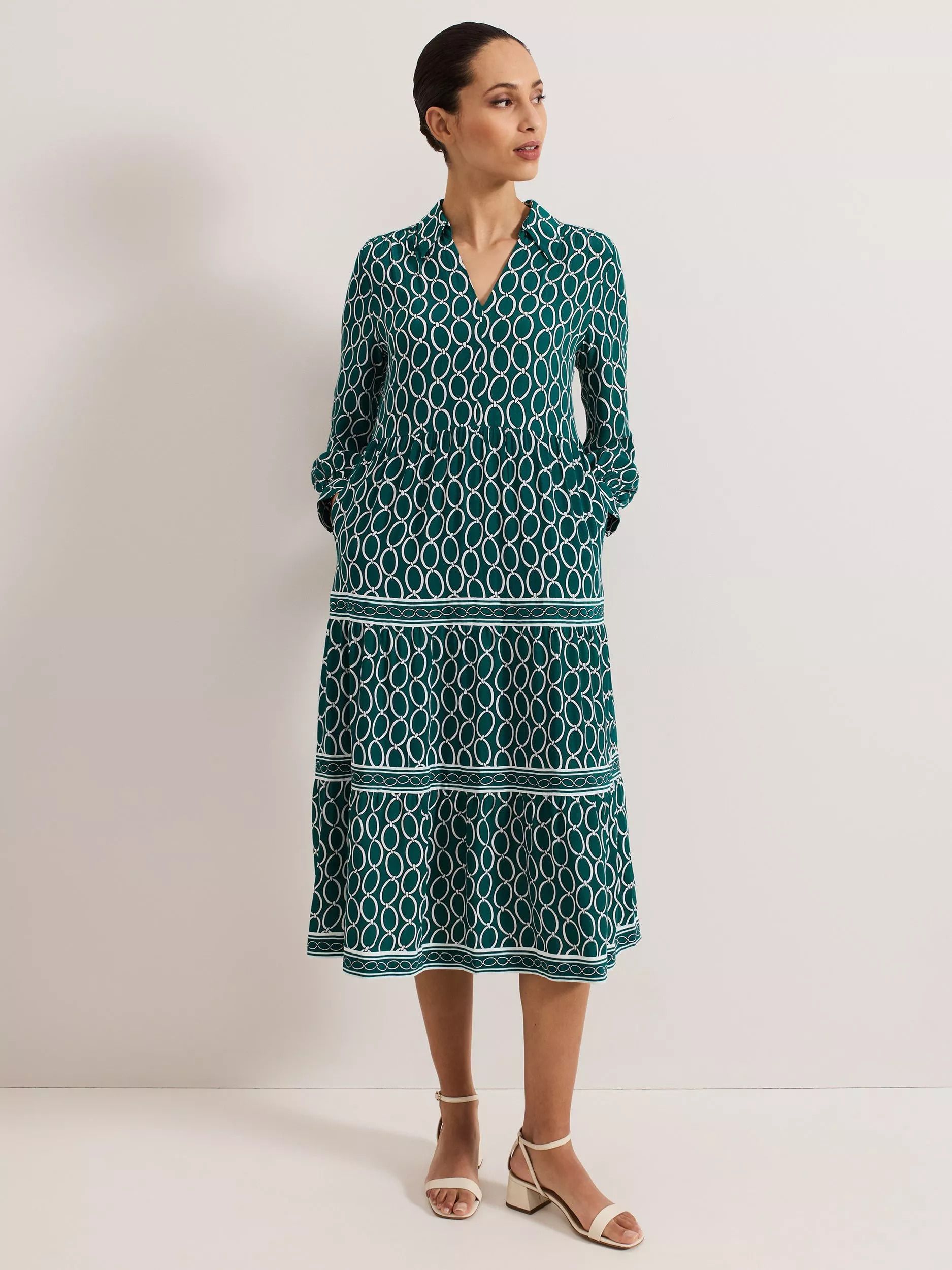 체인 프린트 미디 드레스 미드 그린 Lara Chain Print Tiered Midi Dress, Mid Green 113129026