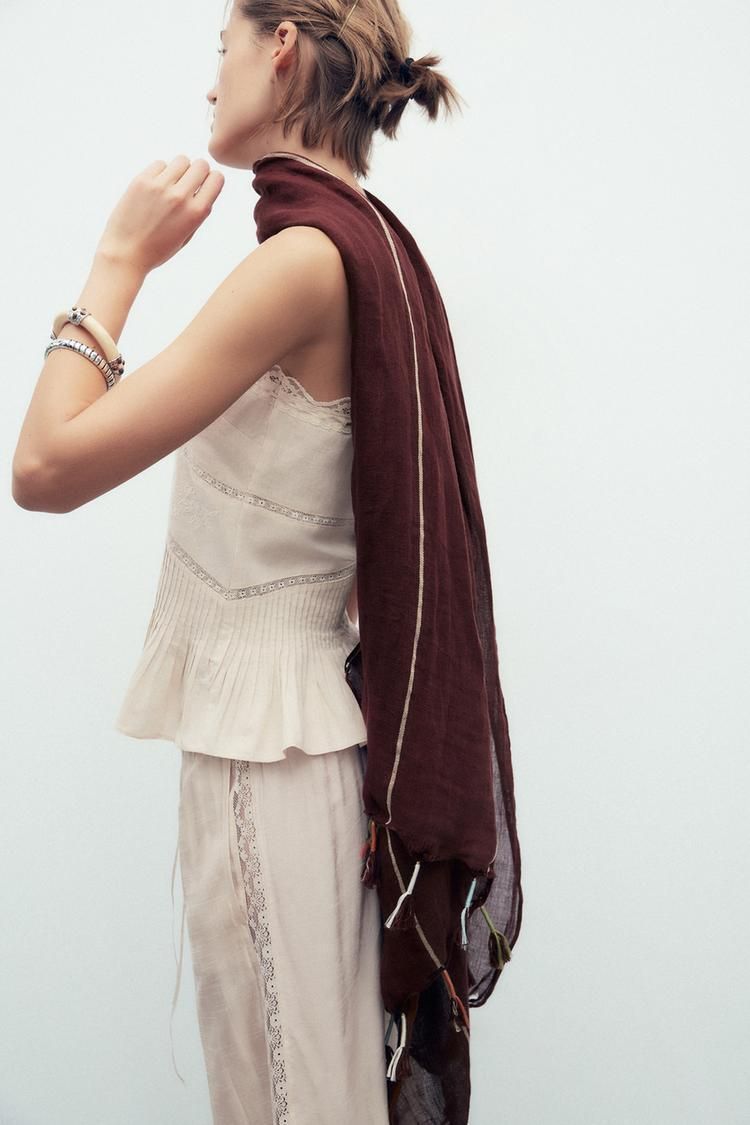 스트라이프 프린지 린넨 블렌드 스카프 STRIPED FRINGED LINEN BLEND SCARF 416469293