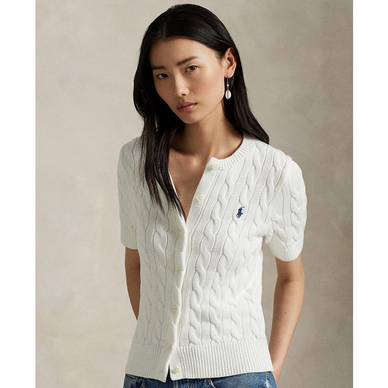 여성 케이블 니트 코튼 반팔 가디건 Women's Cable-Knit Cotton Short-Sleeve Cardigan 20230877 White