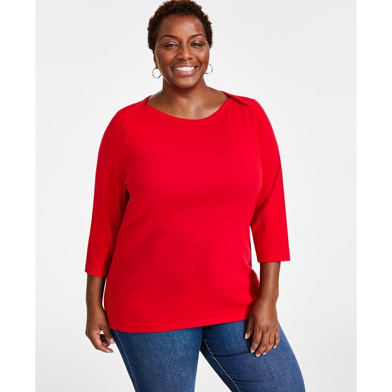 코튼 탑 Plus Size Pima Cotton 3/4-Sleeve Top, Exclusively at Macy's 16393315 Tango Red