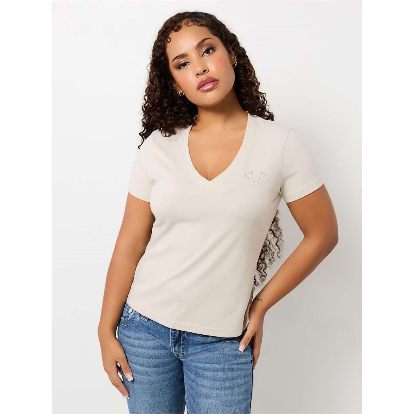 홀스슈 브이넥 티셔츠 여성 Horseshoe V-Neck T-Shirt Womens 651037 Silver Lining