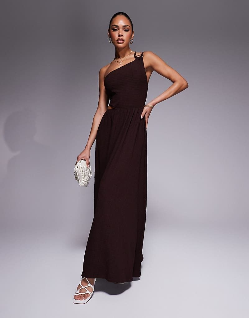 & Strukturiertes One-Shoulder-Maxikleid in Schokobraun mit Zierausschnitt in der Taille und Metallverzierung 207927070Schokoladenbraun