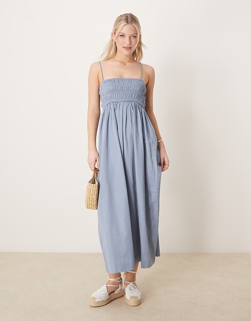 Maxikleid aus Baumwollsatin in Jeansblau mit gesmokter Brustpartie 207833631Jeansblau