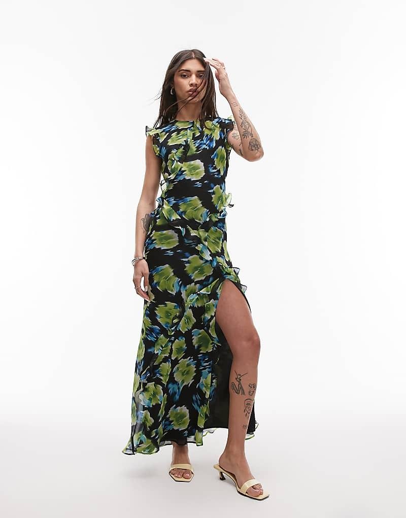 블루 러플 & Hochgeschlossenes Maxikleid in Blau mit verschwommenem Blumenmuster, Ruschen und Ruckenausschnitt 207720623BUNT