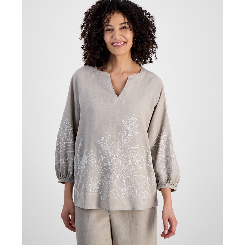 쁘띠 린넨 자수 탑 Petite 100% Linen Embroidered Top, Exclusively at Macy's 18715290 Cmb Flax