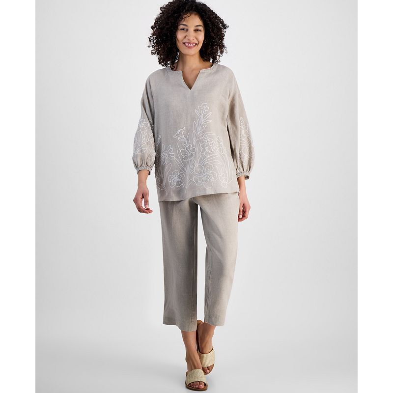 쁘띠 린넨 자수 탑 Petite 100% Linen Embroidered Top, Exclusively at Macy's 18715290 Cmb Flax