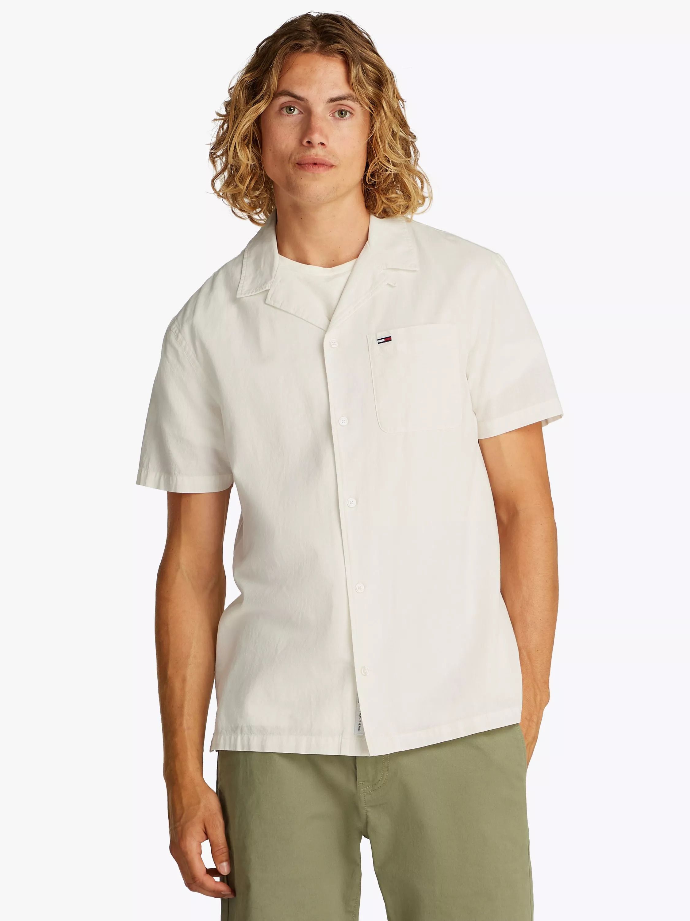 데님 코튼 린넨 블렌드 레귤러 핏 넥 카라 셔츠 Tommy Jeans Cotton Linen Blend Regular Fit Camp Collar Shirt 113134988 Ecru